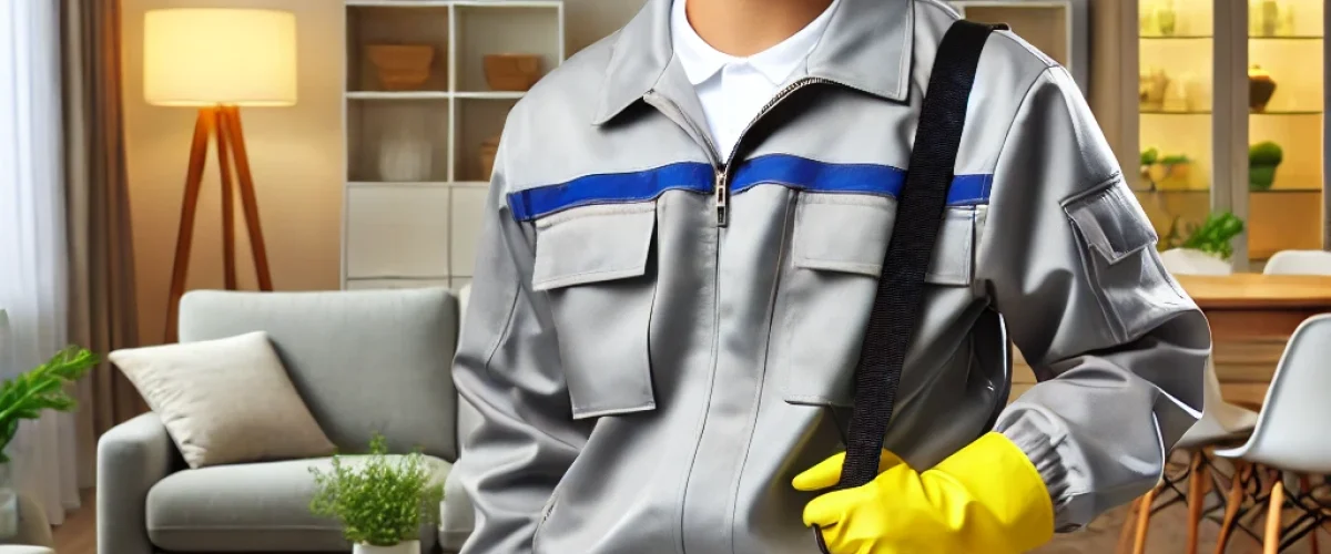 A professional pest control technician in a well-lit residential home, wearing safety gear and using eco-friendly pest control equipment.