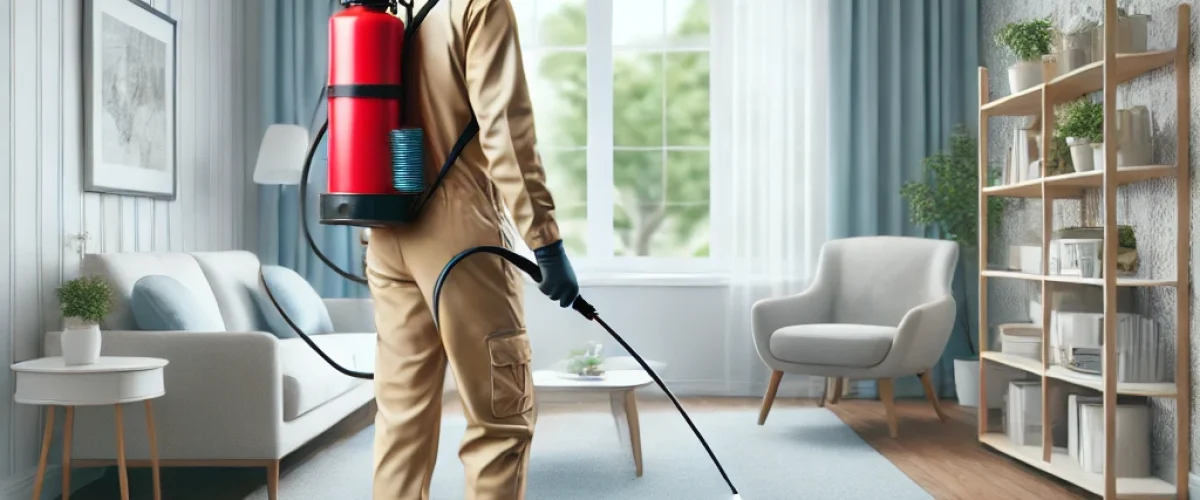 An image representing pest control in an urban home setting in Bangalore. The image shows a professional pest control technician in uniform spraying.pest control in an urban home setting in Bangalore. It aligns with the theme of safety, professionalism, and effectiveness in pest management. best pest control in Bangalore