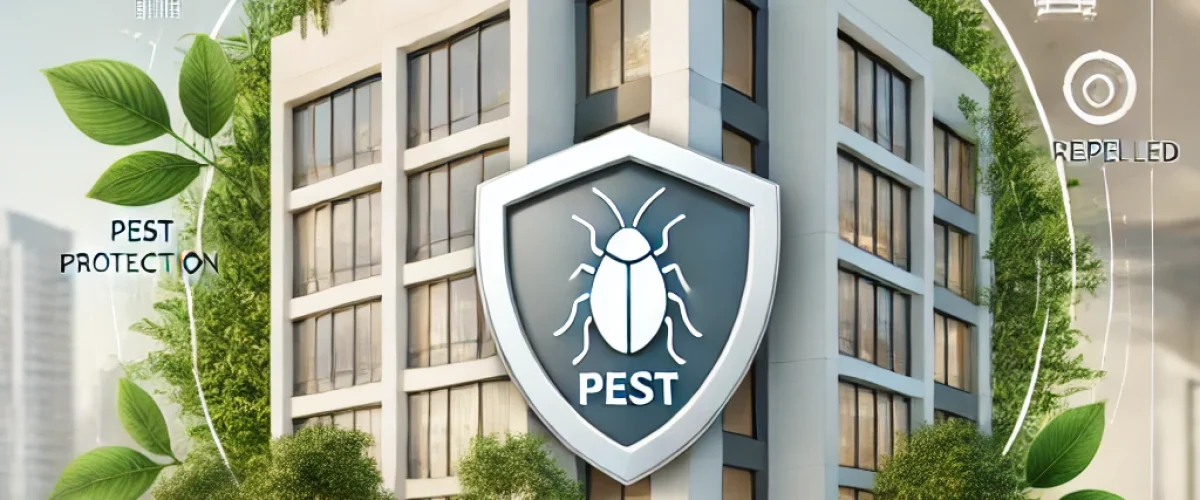 A-professional-illustration-of-a-modern-office-building-in-Bangalore-with-a-focus-on-pest-control-themes.-The-image-includes-symbols-of-pest-protection. Commercial Pest Solutions in Bangalore