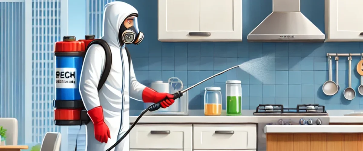 A detailed and clean illustration of a professional pest control expert spraying eco-friendly solutions in a modern Indian home to eliminate cockroach. cockroach pest control in Bangalore