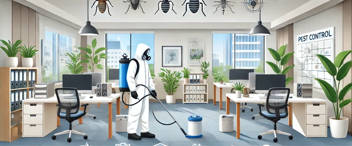 An illustration of a modern office environment being treated for pests by a professional pest control technician. The technician is wearing protective.effective pest control Bangalore