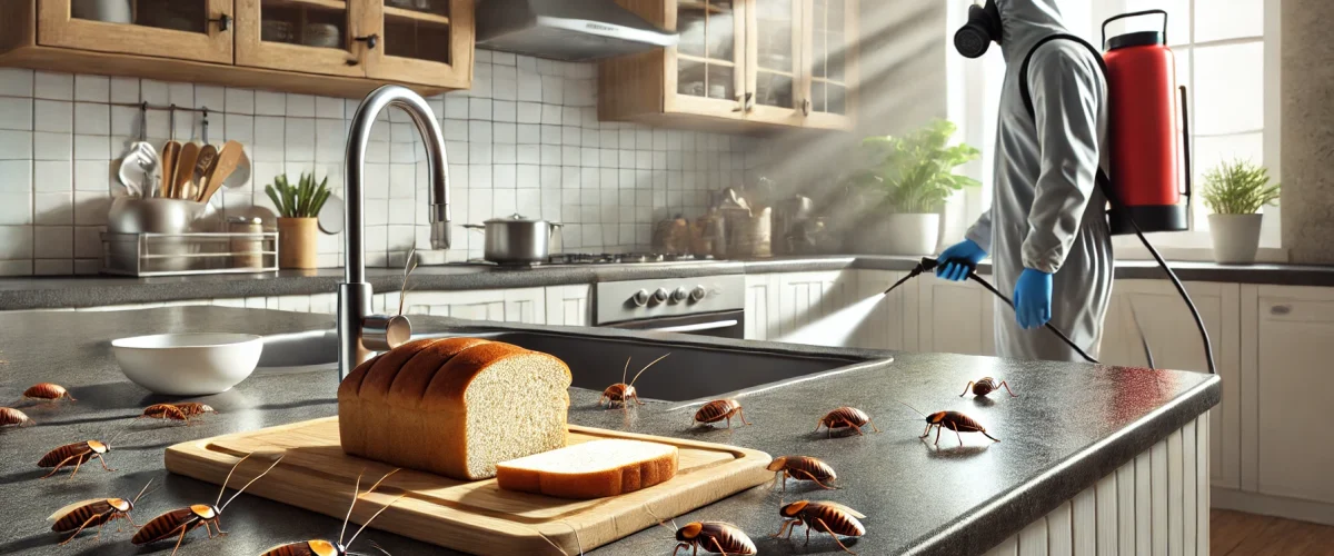 A detailed and realistic depiction of a modern apartment kitchen with visible signs of a cockroach infestation. The image shows a clean yet cluttered cockroach pest control Bangalore.