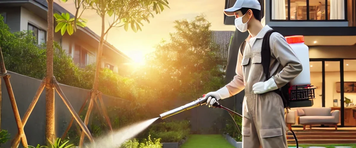 A professional pest control specialist spraying eco-friendly mosquito repellent in a modern, clean residential garden at sunset, showcasing advanced mosquito pest control services