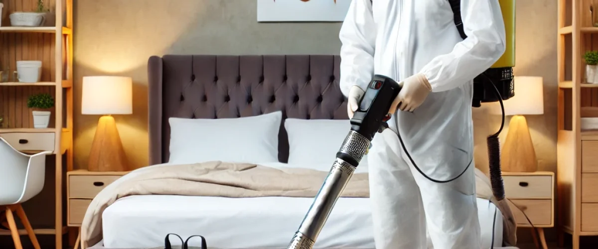 A professional pest control technician treating a bed bug infestation in a modern bedroom setting. The room includes a neatly made bed, furniture, and effective bed bug treatment in bangalore