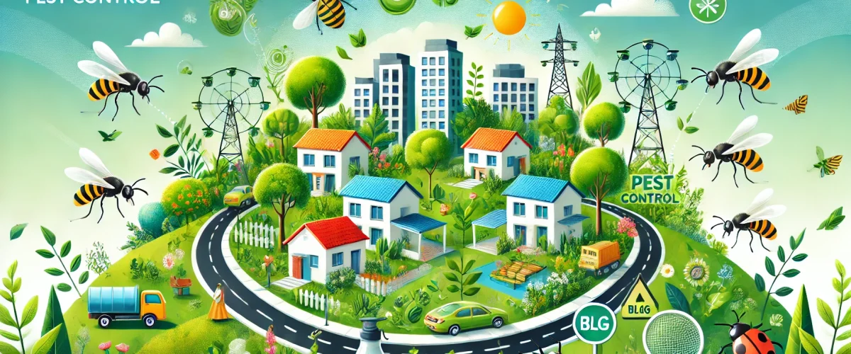 A vibrant eco-friendly pest control concept for a blog header. The image features a lush green Bangalore neighborhood with natural elements like trees.natural pest management in Bangalore