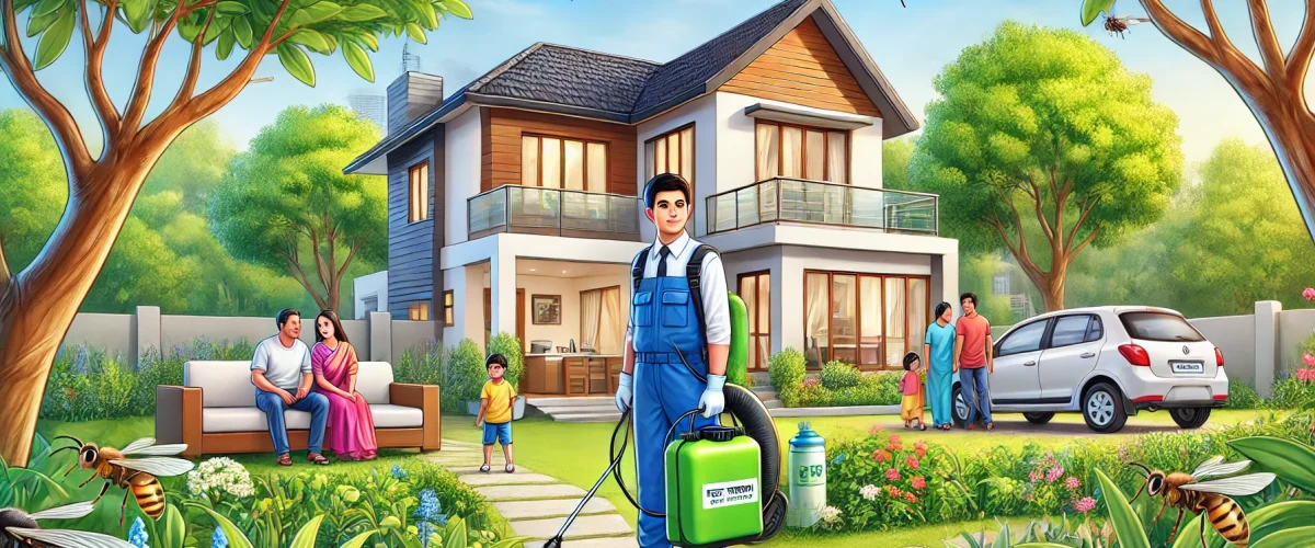 A detailed illustration of a professional pest control expert treating a residential home in Bangalore. The setting shows a modern Indian home surrounding Bangalore pest control experts