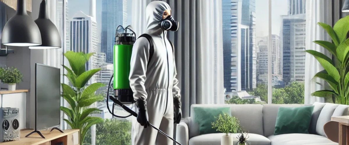 A realistic depiction of a professional pest control technician treating a modern Bangalore home, wearing safety gear and using advanced pest control Bangalore pest control services