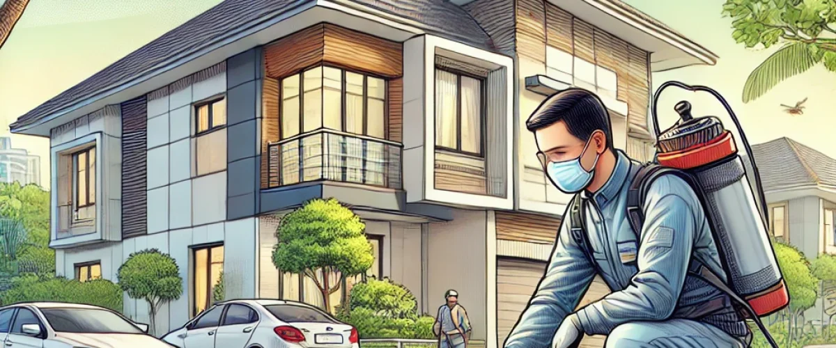 A detailed illustration of a professional pest control technician treating a home for termites in an urban Bangalore neighborhood. The technician is permanent termite solutions in Bangalore