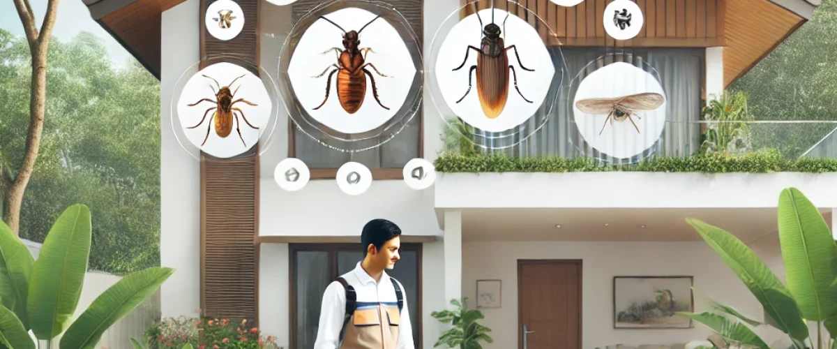 A modern and clean pest control scene featuring a professional pest control worker in uniform using eco-friendly equipment to treat a home in Bangalore. pest control Bangalore