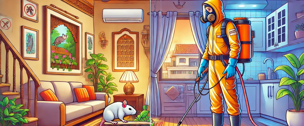 An illustration of professional pest control services in action, featuring a pest control expert wearing safety gear and using tools to handle a rat infestation rat control services in Bangalore