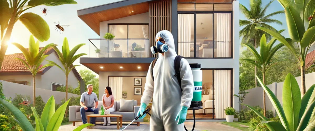 A modern urban home in Bangalore with a professional pest control technician spraying eco-friendly pest control solution. The setting includes tropical Bangalore home pest solutions