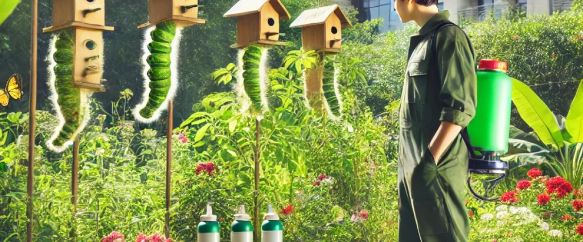 An eco-friendly garden in Bangalore with lush green plants and vibrant flowers, being inspected by a pest control professional. The scene shows natural Bangalore caterpillar infestation solutions