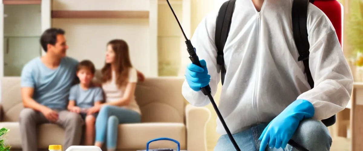 A professional pest control worker in Bangalore spraying eco-friendly solutions in a clean, modern home environment. The scene features tools such as Bangalore pest extermination services