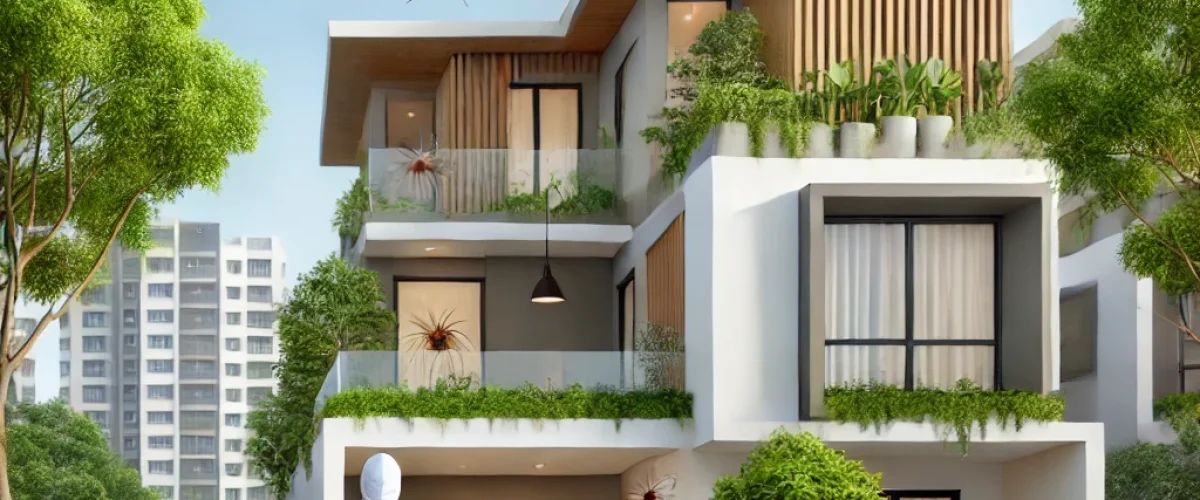 A modern urban home in Bangalore surrounded by greenery, with illustrations of common pests like mosquitoes, cockroaches, and termites subtly integrated Bangalore pest management services