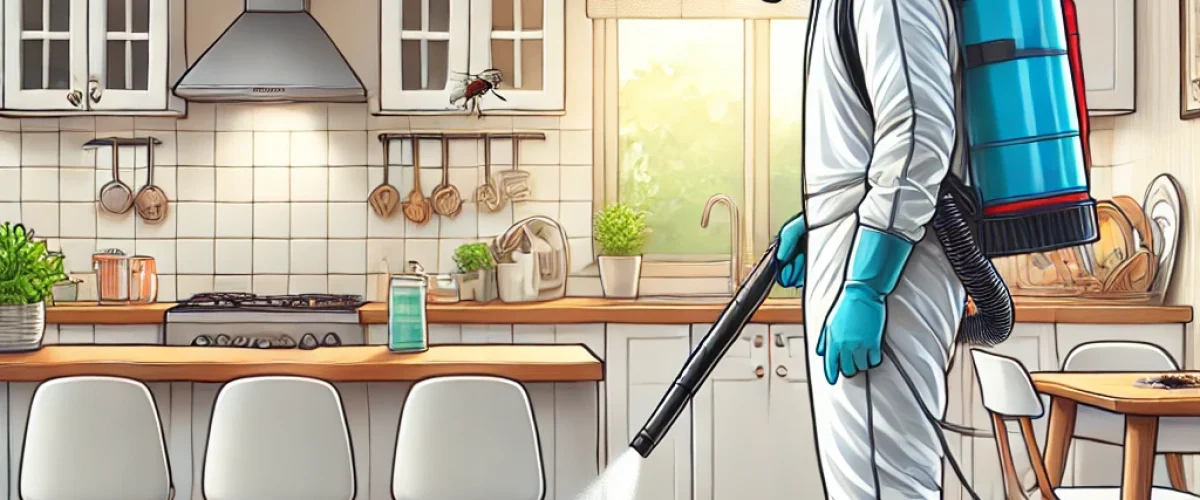 A detailed and professional illustration of a pest control expert in Bangalore spraying a clean, modern kitchen to eliminate cockroaches. The scene Best Cockroach control Services Bangalore.