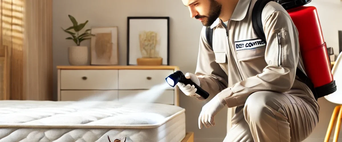 A professional pest control technician inspecting a bedroom for bed bugs in a Bangalore home. The technician is using a flashlight to check mattress bed bug control in Bangalore homes