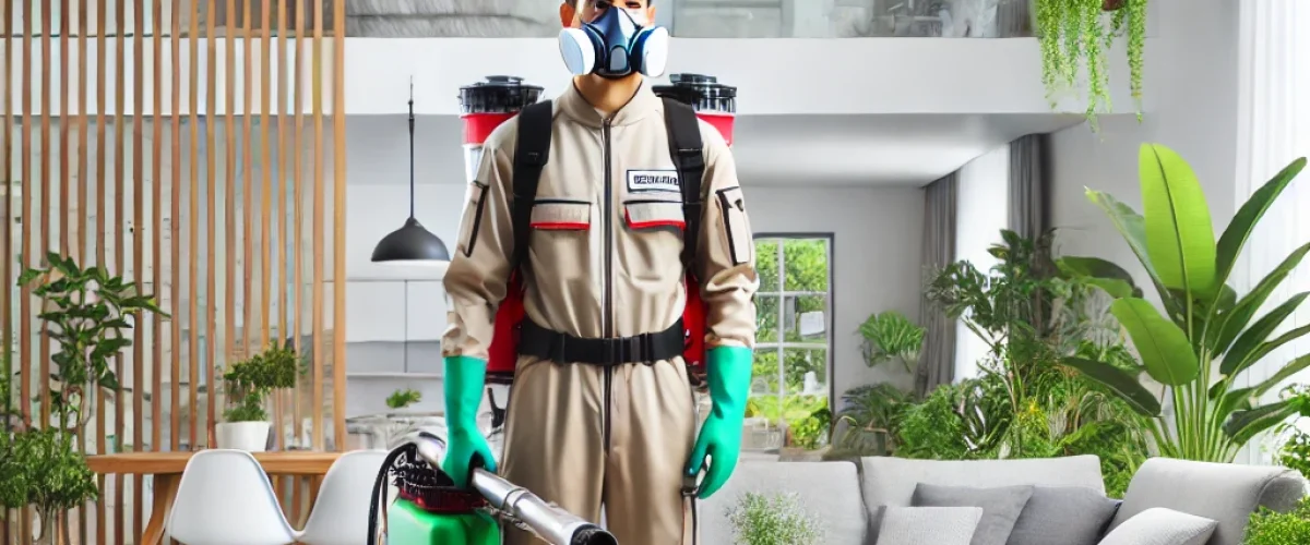 A professional pest control technician in Bangalore using advanced equipment to treat a modern residential space, showcasing a clean and pest-free environment pest control services in Bangalore Bangalore mosquito control services