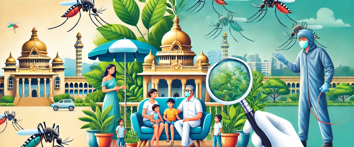 A split image depicting a family enjoying a mosquito-free outdoor space, such as a garden or balcony, on one side, and on the other side a magnified mosquito control in Bangalore