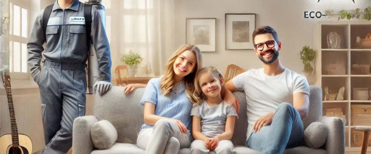 A high-quality, visually appealing image of a happy family in their living room, looking relaxed and content, with a technician from Acuity Pest Control after a residential pest control services