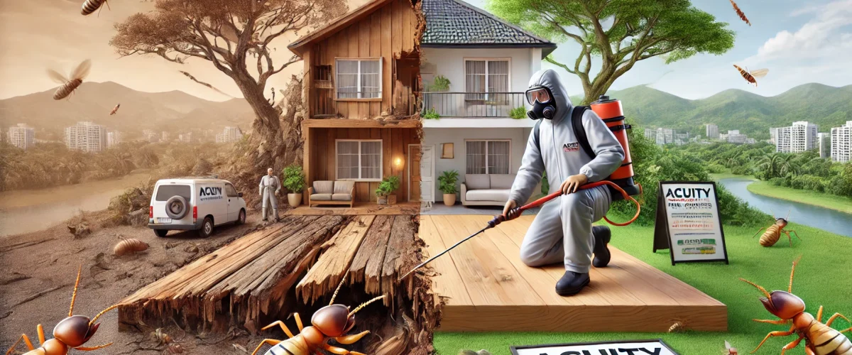 A realistic landscape-oriented scene titled 'Termite Extermination in Bangalore.' Visual elements include a close-up of a termite on a wooden surface, Termite Extermination in Bangalore