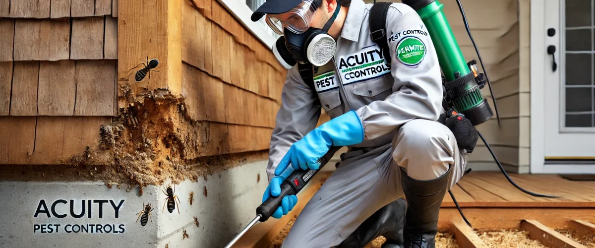 A high-quality, professional image showcasing a termite extermination process. The scene features a technician from Acuity Pest Controls in full prote termite extermination