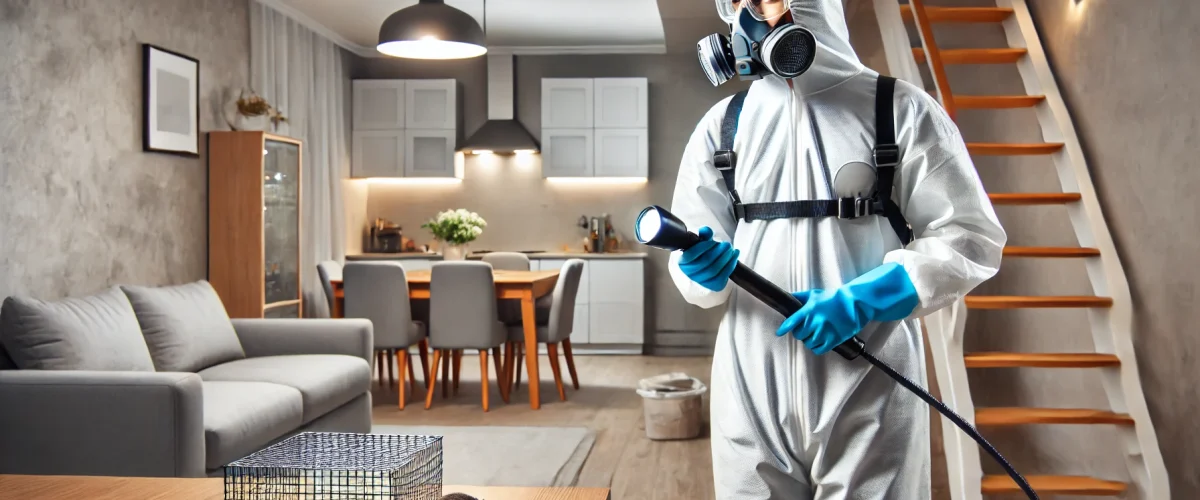 A professional pest control worker in protective gear inspecting a home for rat infestation. The worker is using a flashlight to check for rat entry points and effective rat extermination service