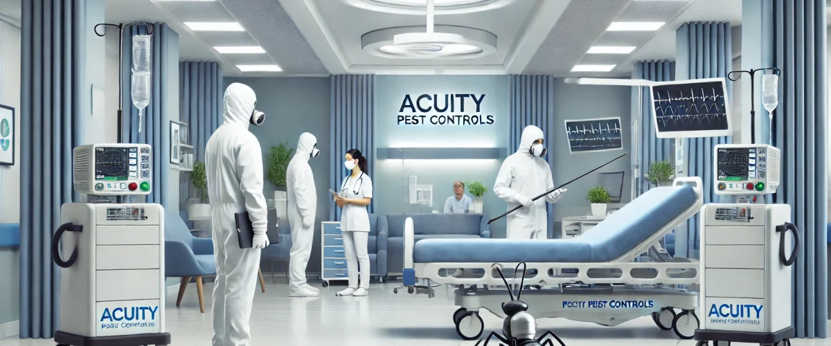 A clean, modern hospital environment with healthcare professionals and patients. In the background, pest control experts from Acuity Pest Controls are Hospital pest management services